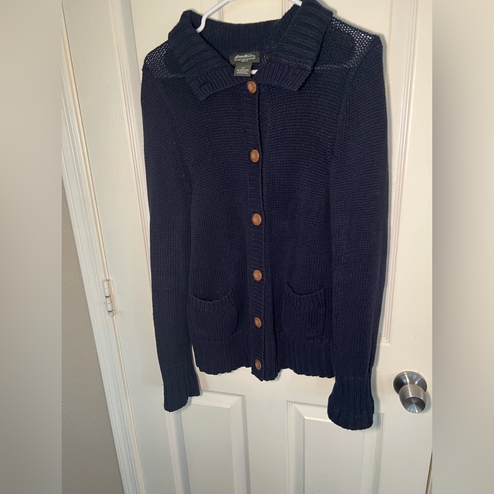 Eddie Bauer Navy Blue Knit Button Front Cardigan Sweater Size L - Picture 7 of 10